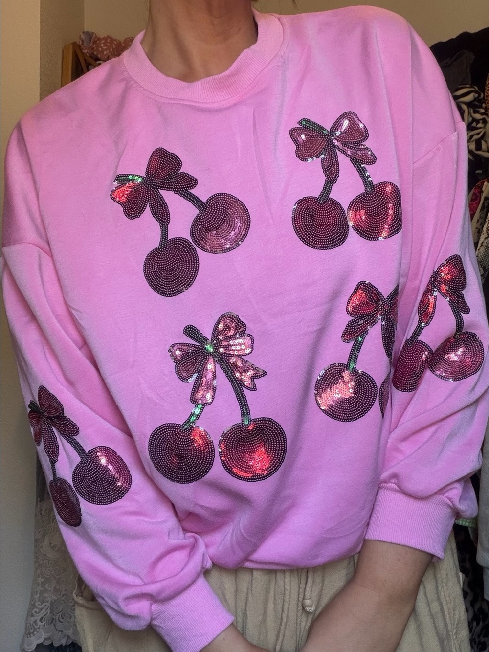 Simply Southern Pink Sequin Cherry Sweatshirt